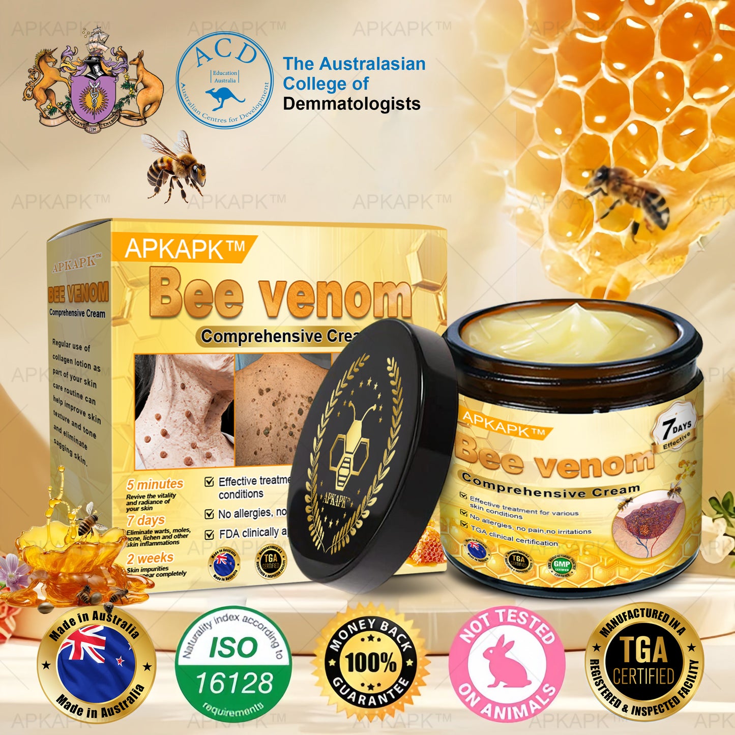 APKAPK⢠Bee Venom Skin Treatment Cream, Anti-aging, Hydrating, Skin Repair, Even Tone, Acne and Dark Spot Treatment, Wart and Mole Removal, Psoriasis Relief