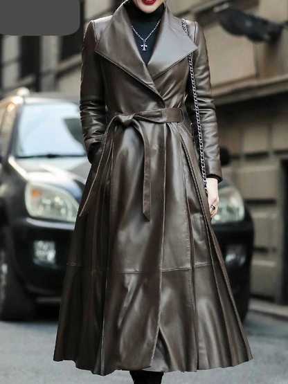 Nerazzurri Autumn Long Brown Black Soft Faux Leather Trench Coat for Women Belt Skirted Elegant Luxury Fashion